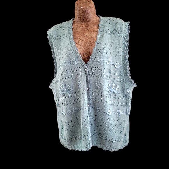 Vtg 90s Cottage core Gramma core Knitted Sleeveless Cardigan Vest - Picture 3 of 14